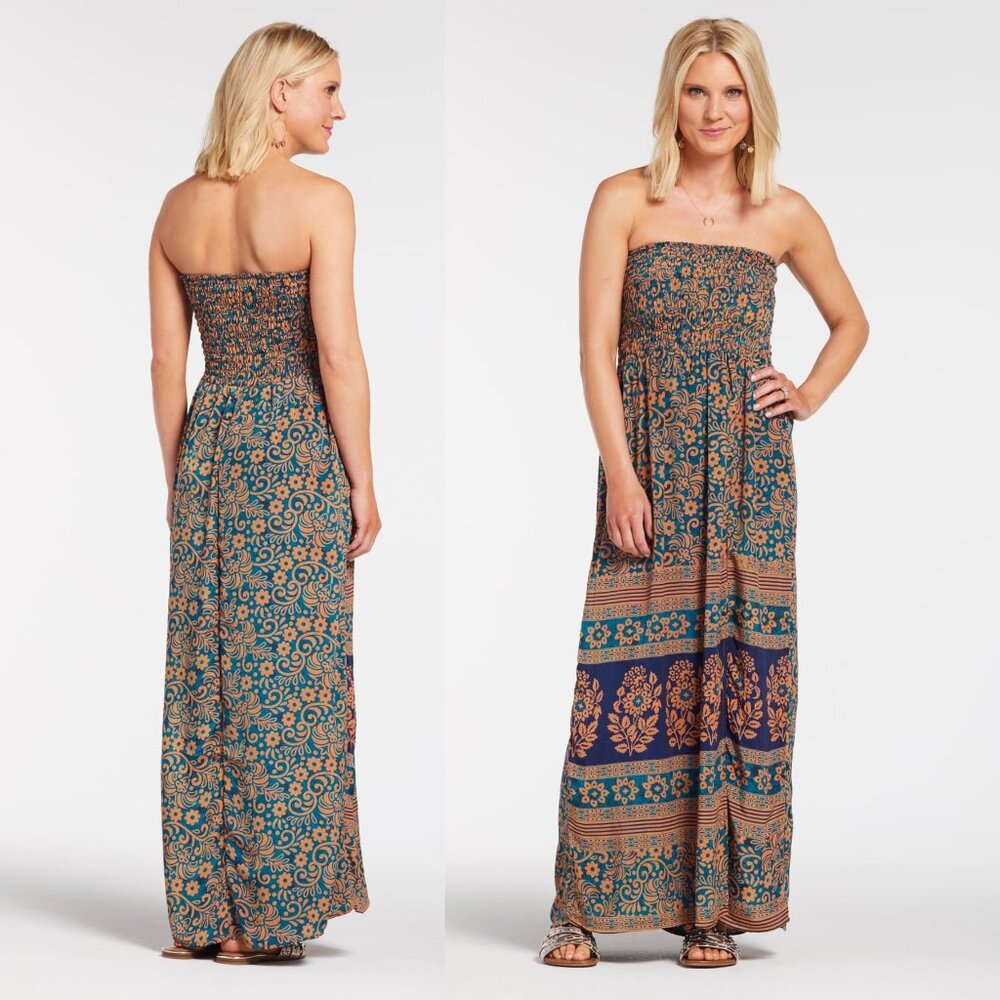 RAGA Strapless Maxi Length Dress, Small, Blue and Orange Global Prints